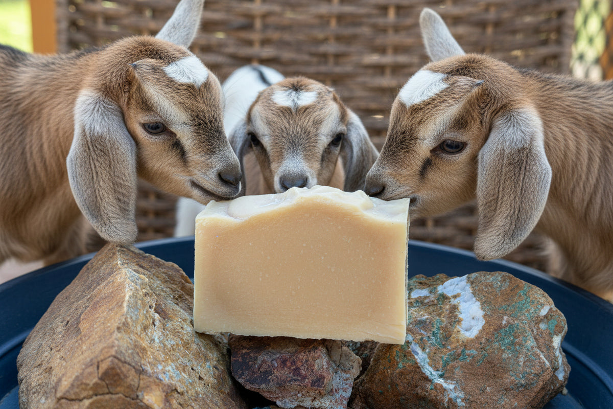 Bar of unscented and uncolored goat milk soap on a rock with a natural outdoor background