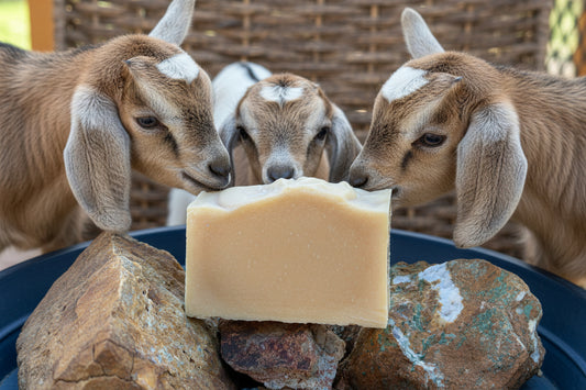 Bar of unscented and uncolored goat milk soap on a rock with a natural outdoor background