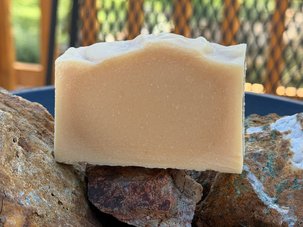Bar of unscented uncolored goat milk soap on a rock with a natural outdoor background