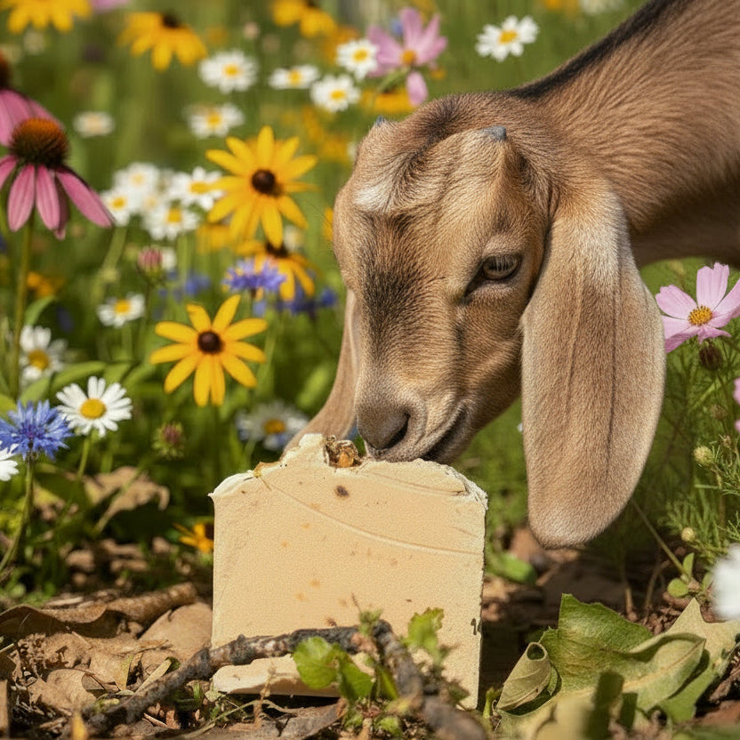 Goat eating a block of wildflower goat milk soap bar on a field of flowers