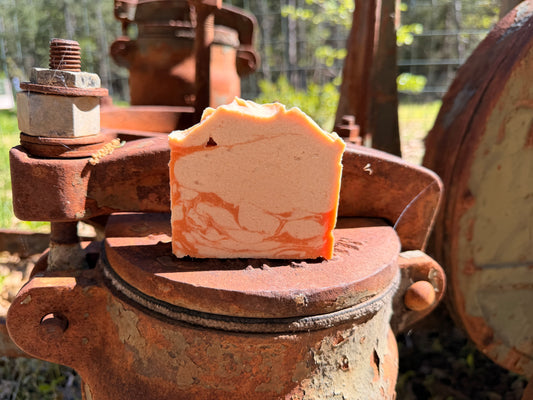 Apricot Freesia Goat milk soap Bar of on a rusty metal surface with a natural outdoor background.  Bar is apricot color and cream color.
