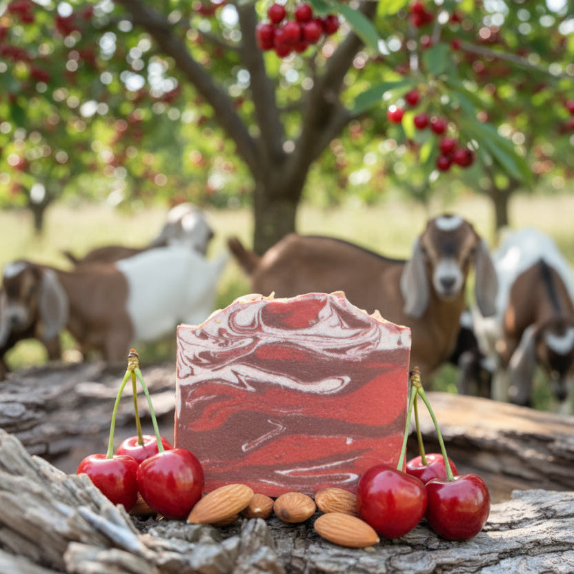 Bar of cherry alond goat milk soap with cherry design on a log with cherries and almonds, goats in the background