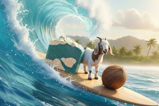 Goat surfing on a wave with a coconut and surfboard and a bar of hawaiian coconut goat milk soap.
