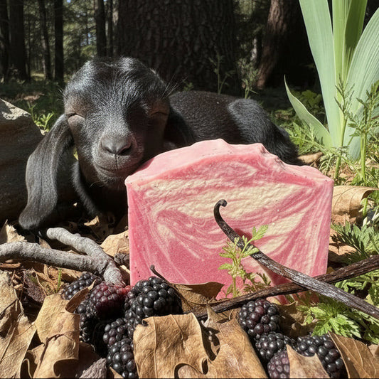 Black baby goat with a pink bar of soap called black raspberry vanilla goat milk soap in a forest setting