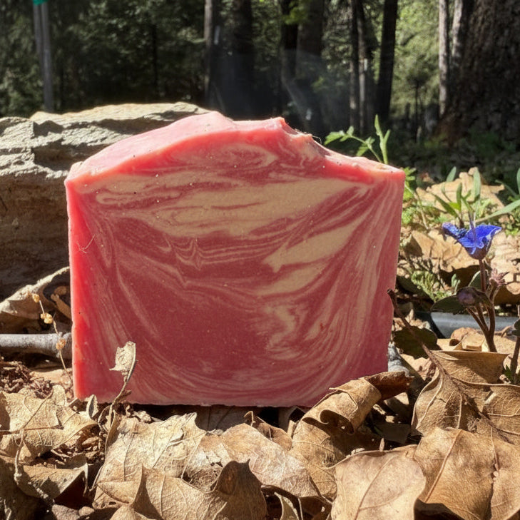 Bar of black raspberry vanilla goat milk soap on a bed of leaves with a forest background soap is pink with cream color swirls