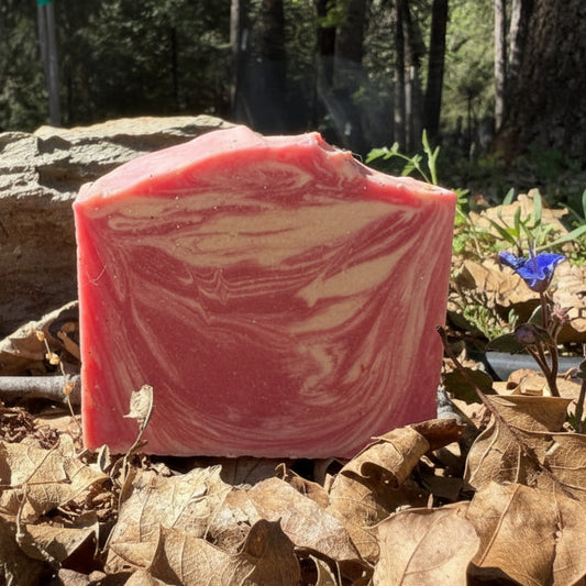 Bar of black raspberry vanilla goat milk soap on a bed of leaves with a forest background soap is pink with cream color swirls