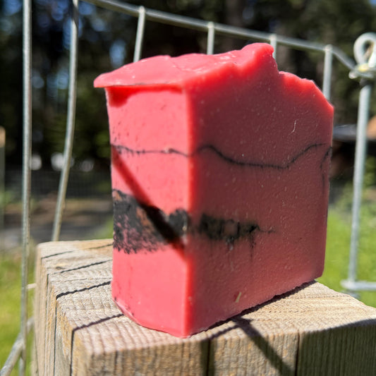 Red soap bar with black accents unscented goat milk  charcoal soap on a wooden block outdoors