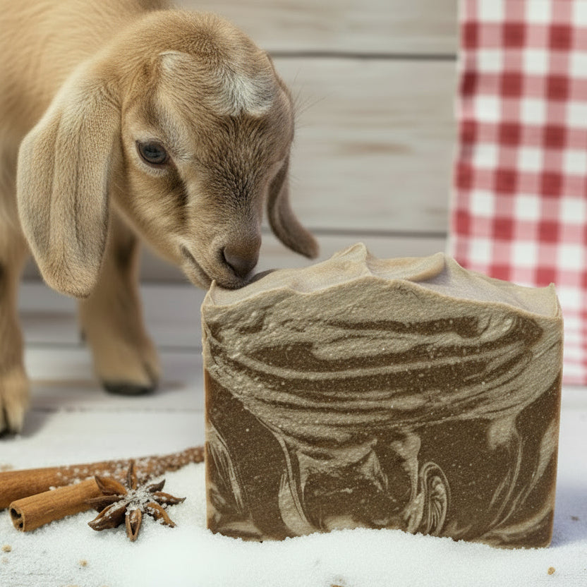 Goat looking at a  block cinnamon sugar goat milk soap on a wooden surface.n a table with cinnamon and sugar and anise flower and red and white tablecloth in background in wood building.  