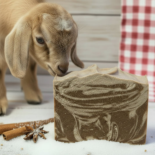 Goat looking at a  block cinnamon sugar goat milk soap on a wooden surface.n a table with cinnamon and sugar and anise flower and red and white tablecloth in background in wood building.  