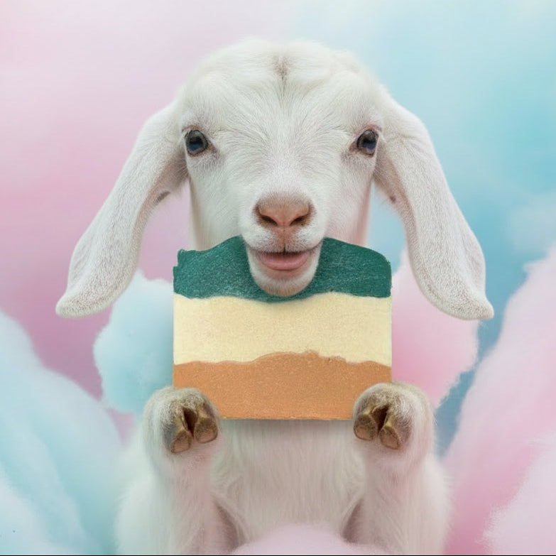 white goat eating/wearing a popsicle goat milk soap color green white and tan stripes against a pastel pink and blue background