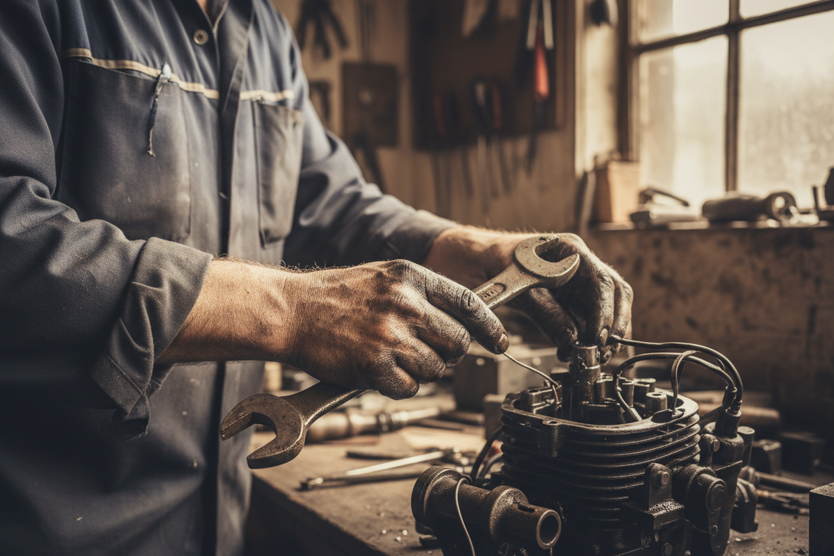Person working on a mechanical engine in a workshop with greasy hands.